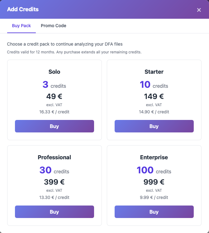 Add Credits modal with Buy Pack and Promo Code tabs